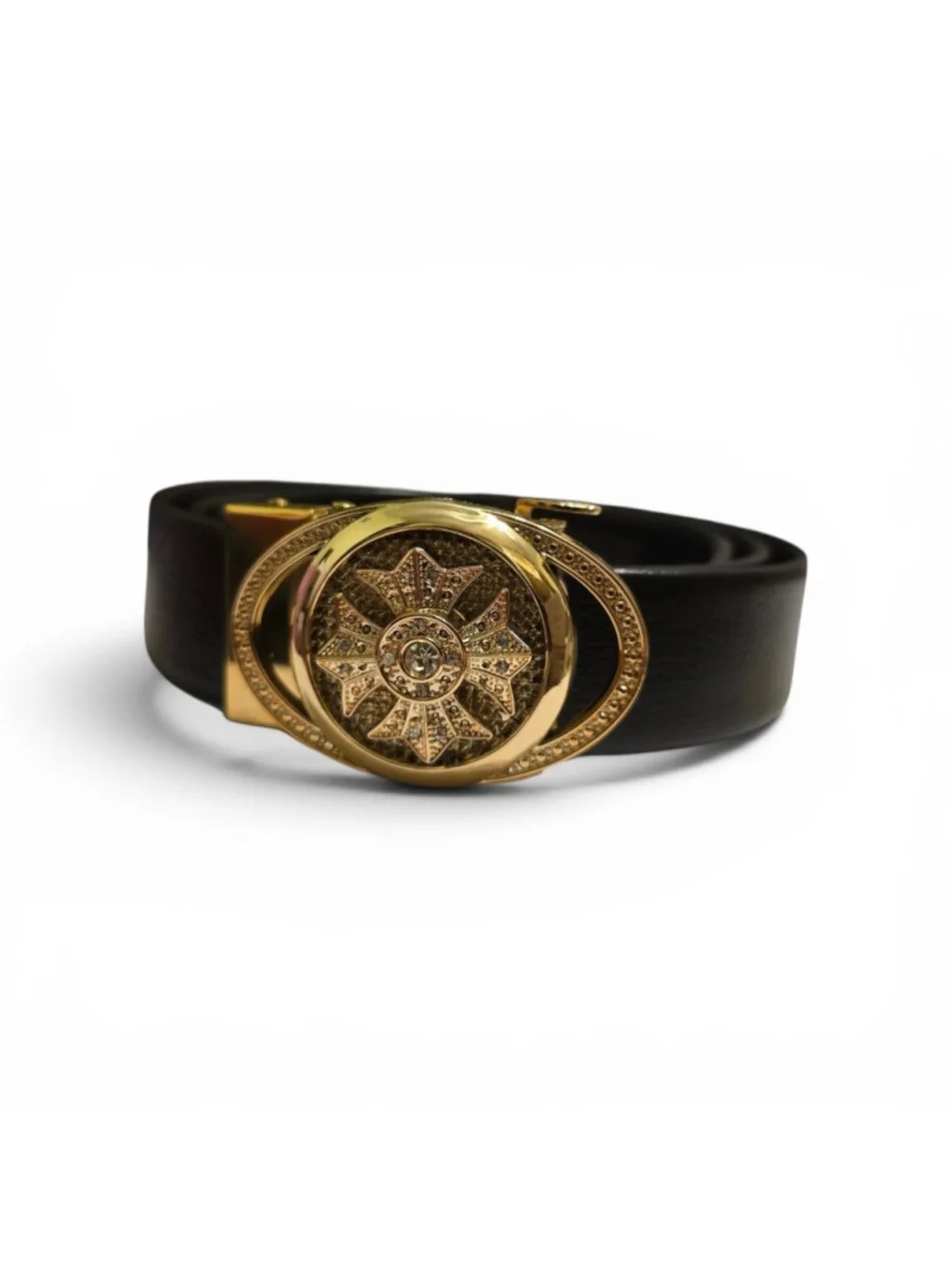 NWT KERLOZE Black Leather Belt‎ with Gold Buckle 34-40